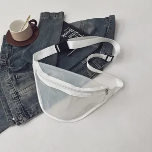 Transparent PVC waist bag detail view, featuring white strap and durable silver zipper closure.