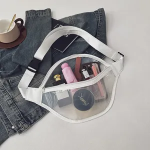 Clear PVC fanny pack with white strap, stylish chest bag for casual daily use and travel.