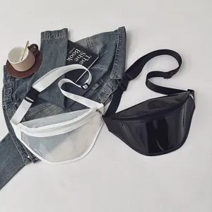 Clear transparent waist bag and black fanny pack detail view, showing high quality zipper.