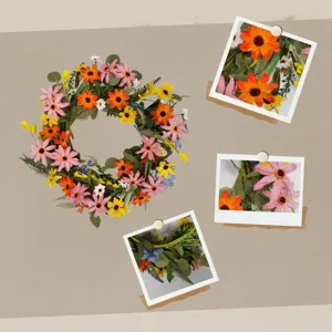 Artificial flower wreath detail view showing vibrant daisy and sunflower decor for home door hanging.