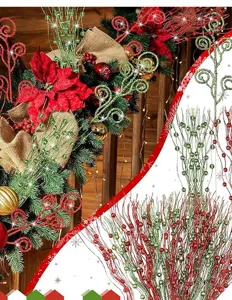 Christmas glitter berry picks and curly stems set, perfect for tree and garland decor.