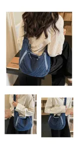 Detailed views of a retro blue denim hobo bag with unique zipper accents shown on a model.