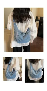Multiple angles showing the fit and capacity of a blue denim crossbody dumpling bag
