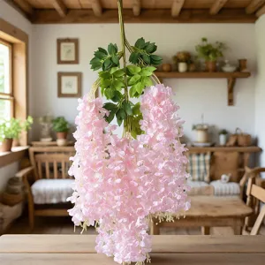 Τεχνητό ροζ wisteria κρεμαστό λουλούδι αμπέλι για γάμο σπίτι οροφή διακόσμηση 6 φύλλα