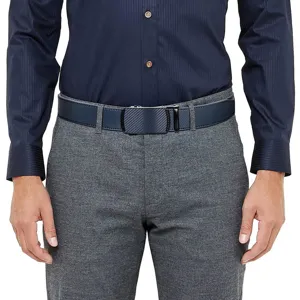 Close-up detail of men's navy blue leather belt with a textured automatic buckle