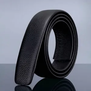 Close-up of black cowhide leather belt strap with detailed lychee grain texture