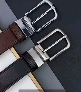 Close-up detail showing the silver-toned metal pin buckles and rich leather texture of men's belts