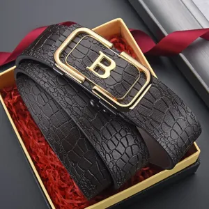 Detailed view of crocodile embossed leather belt featuring a gold letter B automatic buckle