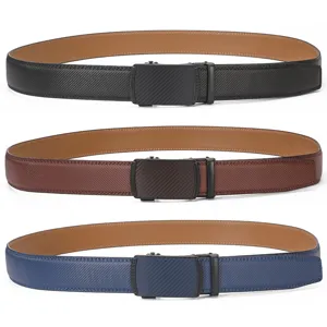 Detailed display of men's leather belts in black, brown, and blue with automatic buckles.