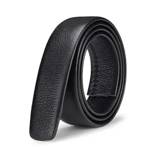 Detailed view of premium black top layer cowhide leather belt strap without buckle.