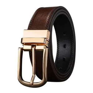 Detailed view of a premium brown textured leather belt with a polished golden metal pin buckle