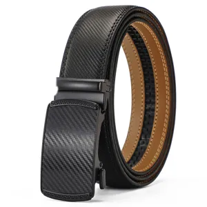 Close-up view of men's black leather belt featuring carbon fiber texture and automatic buckle