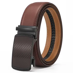 Detailed view of men's leather belt with carbon fiber texture automatic buckle