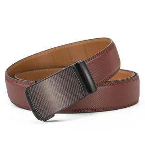 Close-up of men's leather belt with zinc alloy automatic buckle and carbon fiber texture