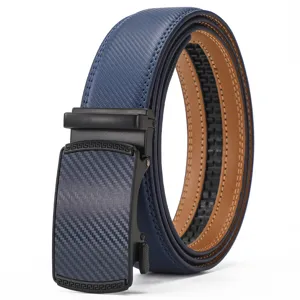 Close-up view of men's blue leather belt featuring a black carbon fiber automatic buckle