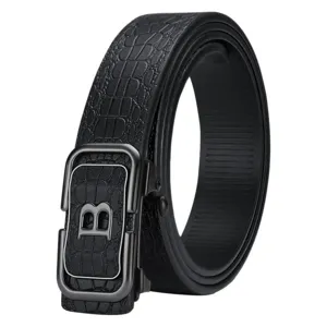 Premium men's cowhide leather belt featuring crocodile texture and automatic B-letter buckle