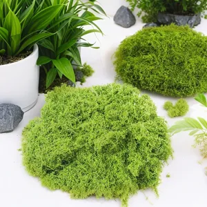 Detail view of artificial green moss mat for micro landscape bonsai and garden decoration.