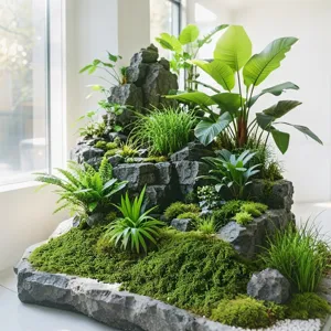 Artificial moss rockery bonsai detail view for indoor micro landscape greening decor