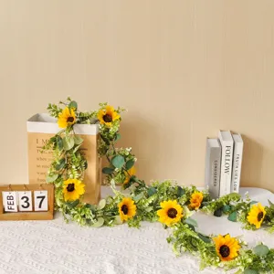 Artificial sunflower vine garland for outdoor and indoor home decor, detailed view of silk flowers.