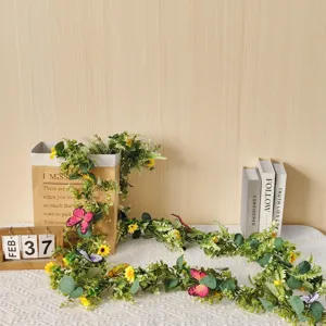 Artificial sunflower vine garland with green leaves and butterflies for indoor outdoor home decor details