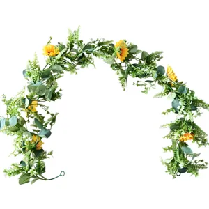 Artificial sunflower vine garland with eucalyptus leaves for outdoor home decor, 1pc