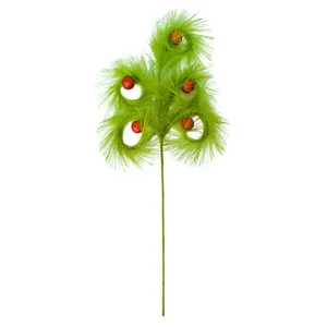 Festive green artificial pampas Christmas pick with red glitter balls for tree decor