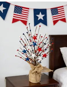 Detailopname van rood-witte-blauwe patriottische bes- en blikken sterren takken voor 4 juli.