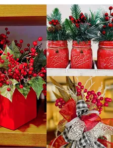Detailed view of artificial red berries and pine branches for festive Christmas decor