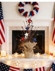 Patriottische tafeldecoratie met rode, witte en blauwe glinsterende sterren en bessen.