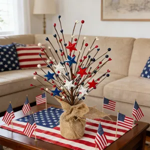 Kunstmatige Bessen Glitter Ster Picks Voor Amerikaanse Onafhankelijkheidsdag Tafeldecoratie Rood Wit Blauw Bessen Takken Jute Voet Ornamenten