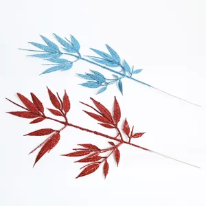 Glitter artificial bamboo leaves branch for Christmas tree home holiday decoration main view