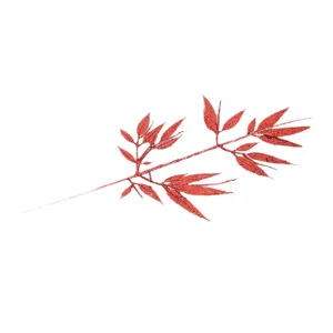 Red glitter artificial bamboo leaves for Christmas tree decoration, festive home floral arrangements.
