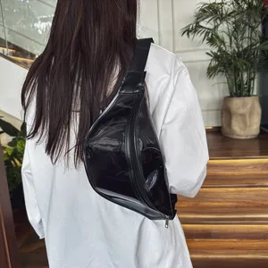 Transparent black chest bag for women and men, stylish clear crossbody sling bag detail view.