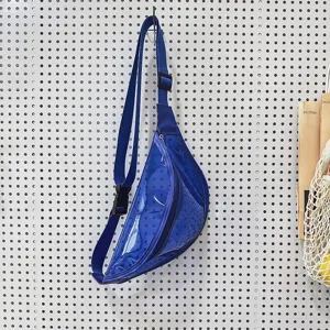 Clear blue fanny pack detail view, transparent PVC chest bag with adjustable strap for daily wear.