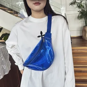Close-up detail view of trendy transparent blue chest sling bag with metal zipper.