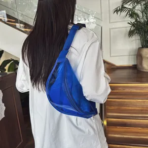 Stylish blue transparent chest bag for women and men, casual fashion crossbody waist bag.