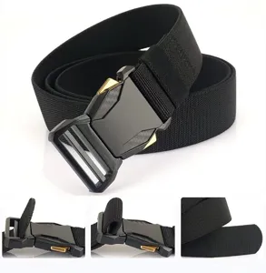 Detail view of black tactical nylon belt with quick-release buckle and elastic weave.