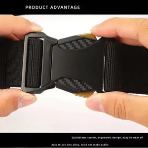 Detailed macro view of tactical nylon belt featuring a quick-release zinc alloy buckle