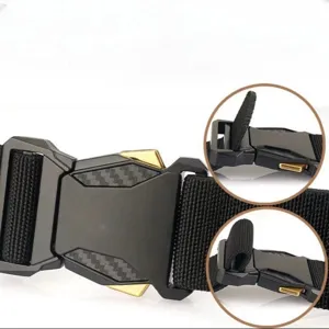 Detail of tactical quick-release buckle with carbon fiber pattern on black belt