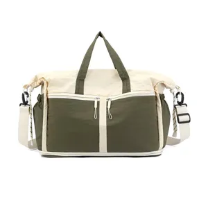 Large capacity multi-functional travel bag in olive green and beige color block design