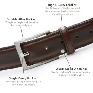Detail view of brown genuine leather belt with durable alloy pin buckle and stitching.