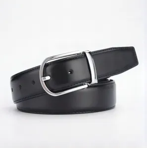 Classic black cowhide leather belt for men featuring a polished silver-tone metal pin buckle.