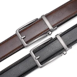 Close-up detail of black and brown leather belts with matte silver automatic buckles