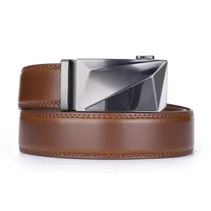 Men's brown leather belt with geometric automatic buckle for business and casual wear