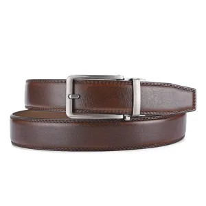 Classic brown leather belt for men with a modern automatic metal buckle, business style.