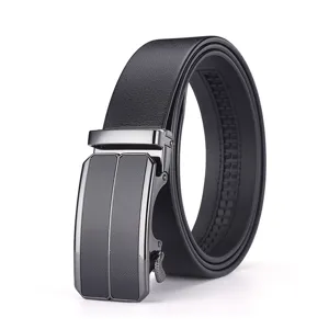 Detail view of a men's black leather belt with a textured automatic metal buckle.