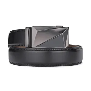 Detailed view of black genuine leather men's belt with geometric automatic buckle