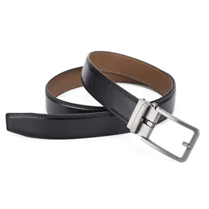 Detailed view of a premium black leather belt for men featuring an automatic buckle.