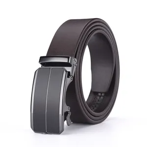 Detailed view of professional brown leather belt with black textured automatic buckle for men