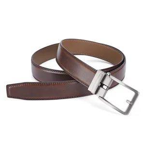 Detailed close-up of brown genuine leather men's belt with silver metal buckle